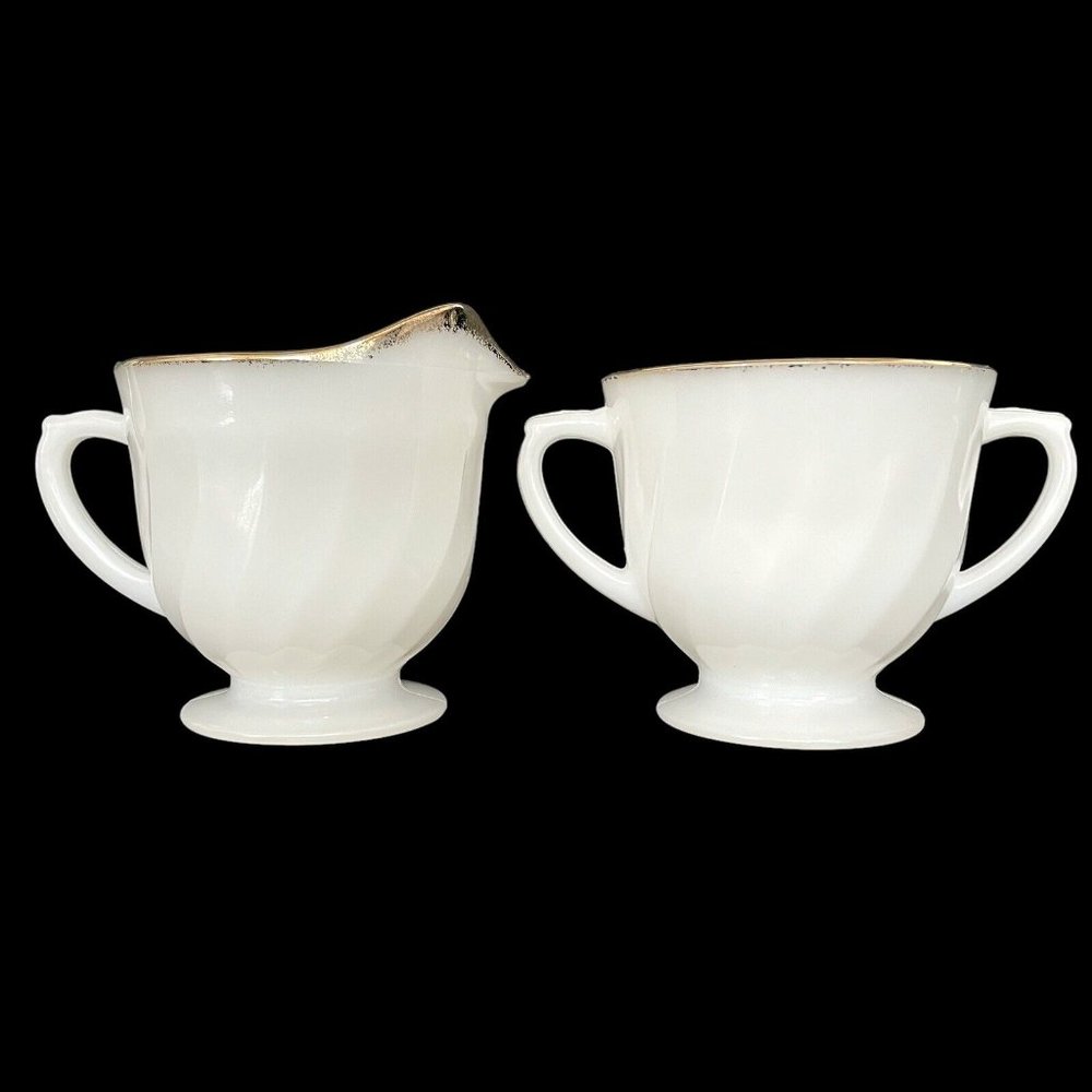 Vintage 1950s Fire King Milk Glass Gold Swirl Anniversary Open Sugar & Creamer